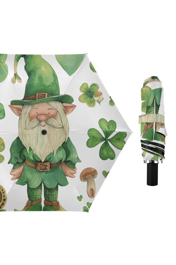 Shamrock Gnome Green Heart Compact Sun Umbrella Windproof Travel Umbrellas for Rain Strong Portable UV Protection