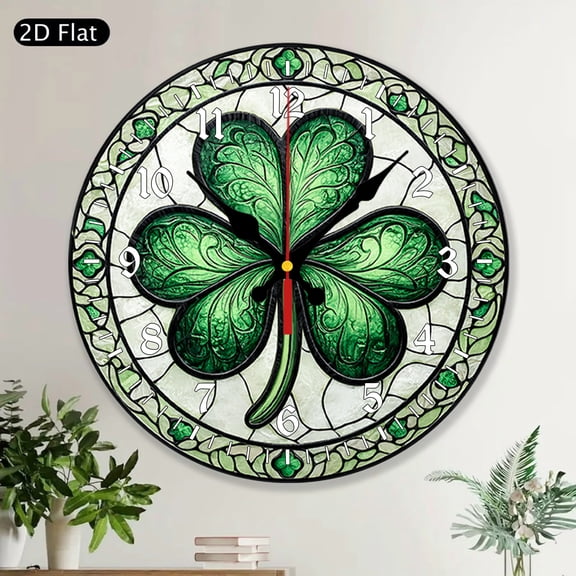 Shamrock Green Irish Stained Glass Style Round Wall Clock MDF Wooden Decorative Home Decor Gift for Father's Day