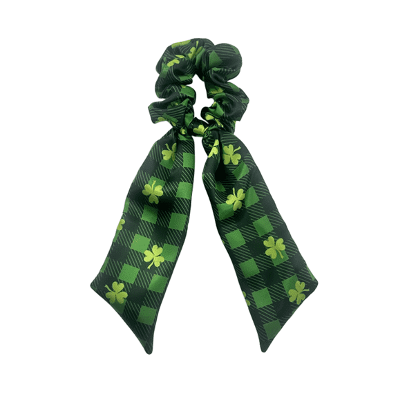 Shamrock Hair Satin Scrunchie with Attached Scarf Bow Printed with Clover and Geometric Pattern for Women Hair Styling St. Patrick’s Day Decorations Accessories D