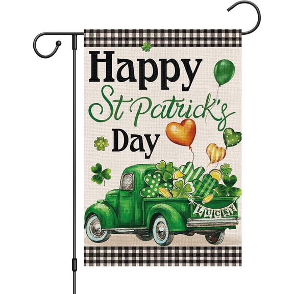 Shamrock Happy St Patrick''s Day Garden Flag 12x18 Inch Double Sided, Burlap Green Lucky Clover Truck Holiday Yard Flag for Outside Yard Decoration