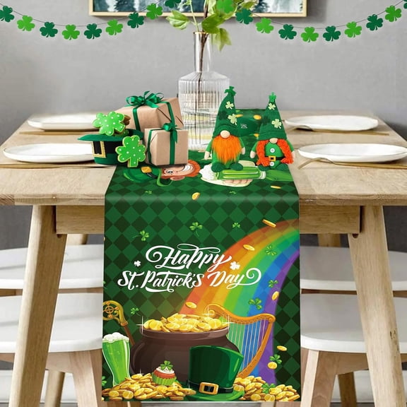 Shamrock Happy St.Patricks Day Table Runner,Linen St.Patrick Plaid Table Runner Seasonal Spring Farmhouse Kitchen Dining Clover Table Runner Decoration for Home Party Decor Indoor Outdoor 13x72 Inch
