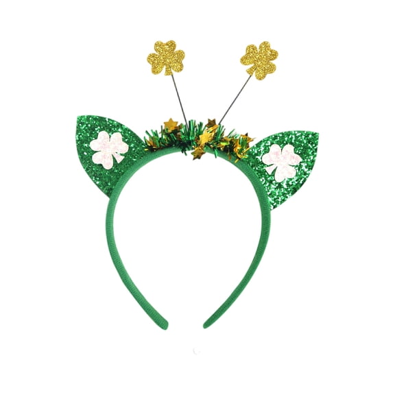 Shamrock Headband with Glitter Ears and Clover Decorations for St. Patrick's Day Party Holiday Event Festival Wear Accessories St. Patrick's Clover Headband A