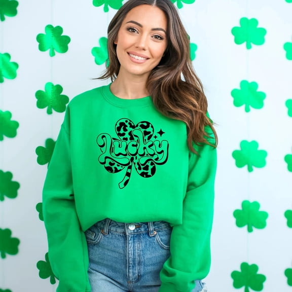 Shamrock Lucky Graphic Sweatshirt, Unisex St. Patrick's Day Pullover, Trendy Clover Print Crewneck, Casual Irish Pride Top