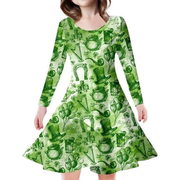 Shamrock Print Girls' Party Dress，Long Sleeve Princess Style Dress for Kids，St. Patrick's Day Themed Holiday Celebration Dress,Green,L