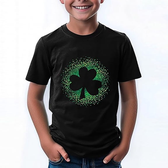 Shamrock Print T-Shirt Crew Neck Boys Graphic T-Shirt Green Happy New Year Shirt for Girls Funny T-Shirts (Black,4-5 Years)