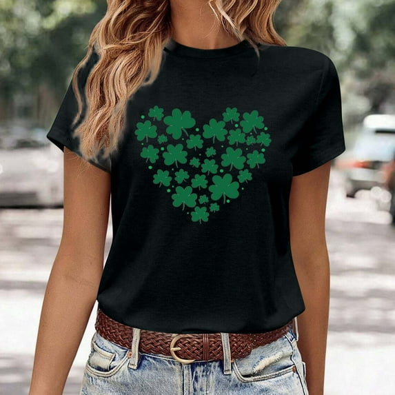 Shamrock Print T-Shirt Round Neck Cotton Tops St Patricks Day T-Shirt for Girlfriend Funny T-Shirts (Black,XXXL)