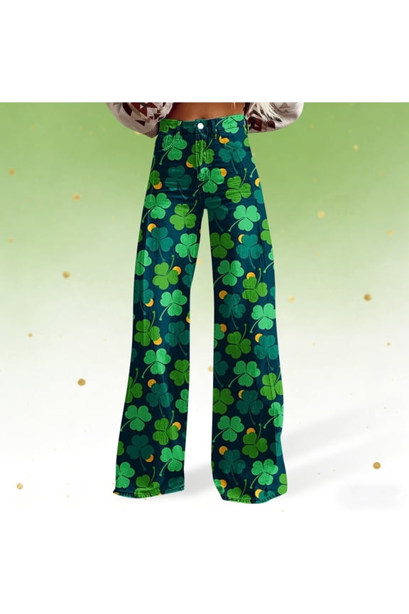 Shamrock Printed St Patricks Day Pants for Women Bell Bottom Baggy Imitation Jeans Color Dark Green Size L