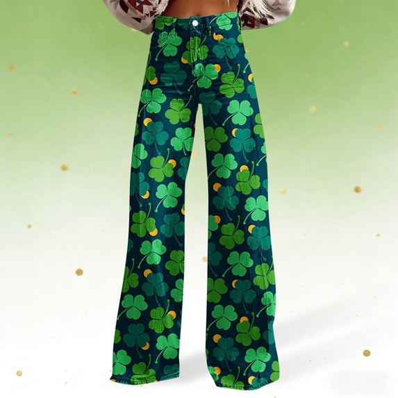 Shamrock Printed St Patricks Day Pants for Women Bell Bottom Baggy Imitation Jeans Color Dark Green Size XL