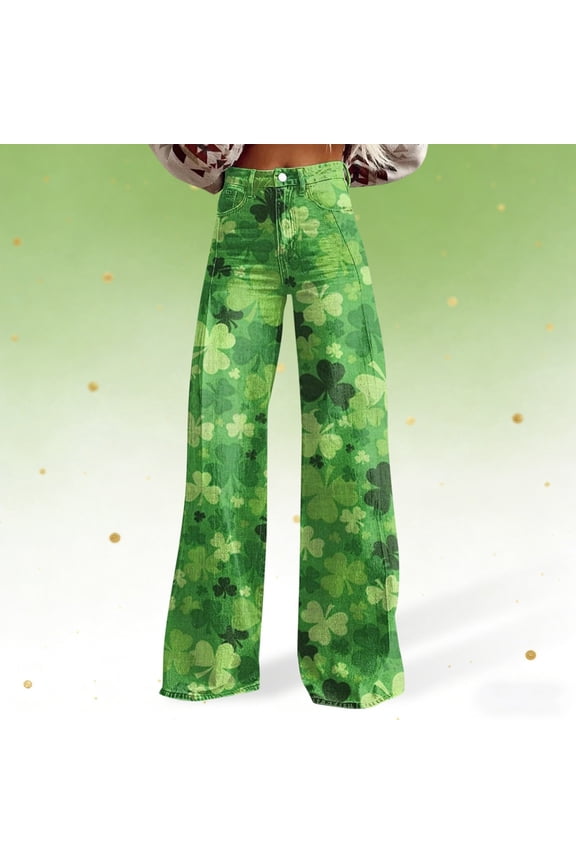 Shamrock Printed St Patricks Day Pants for Women Womens Bell Bottom Baggy Plus Size Irish Patterned Imitation Jeans