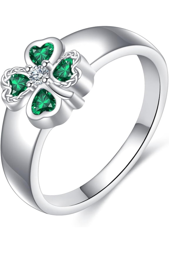 Shamrock Ring Sterling Silver Celtic Four Leaf Clover Ring Jewelry for Women (US 7)