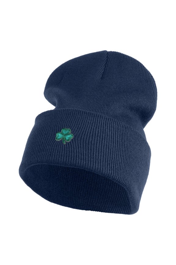 Shamrock St. Patrick's Day Embroidered Iron On Patched 12 Inch Long Knitted Beanie - Navy OSFM