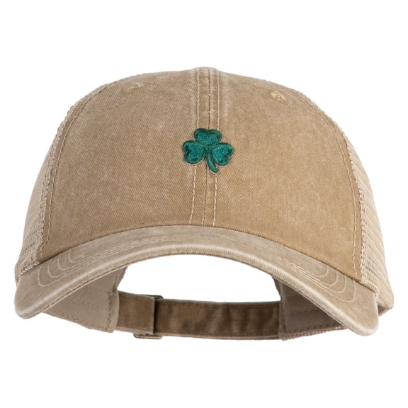 Shamrock St. Patrick's Day Embroidered Iron On Patched Pigment Dyed Mesh Cap - Dark Beige OSFM