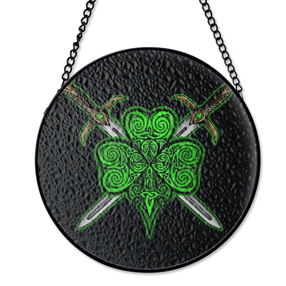 Shamrock Swords Faux Stained Glass Window Suncatcher Celtic Fantasy Green Black Textured