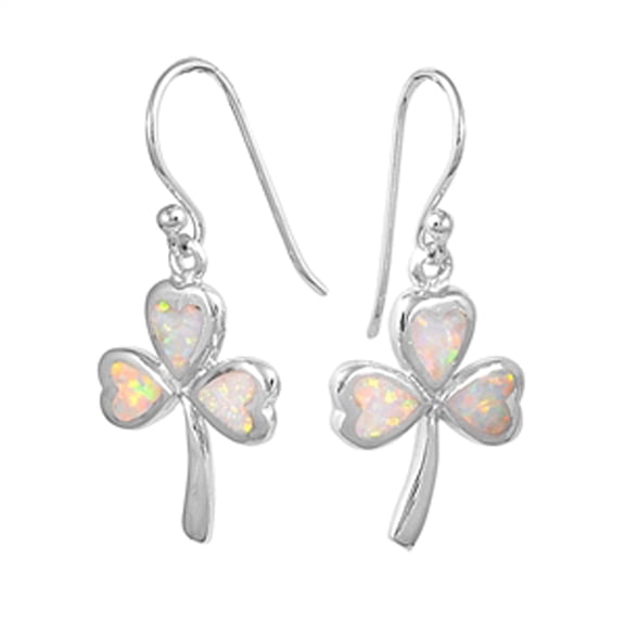 Shamrock Three Leaf Clover Sparkly White Simulated Opal .925 Sterling Silver Earrings Jewelry Female