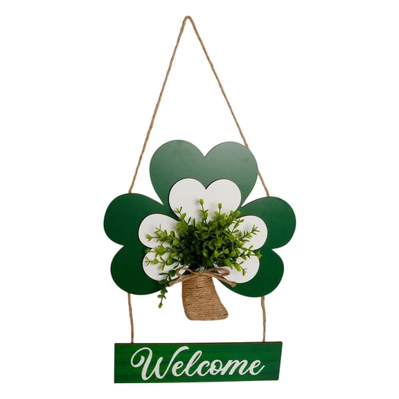 Shamrock Welcome Door Sign Decor, Lucky Irish Wooden Hanging Sign Rustic Ornament Wood Wreath with Bow for Happy St. Patrick's Day Party Front Door Wall Home Decorations