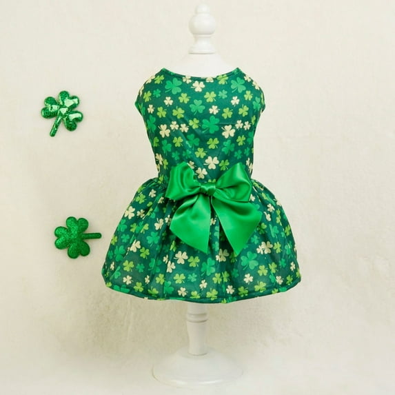 Shamrocks Print St.Patrick's Day Dog Dress Green Puppy Skirt with Green Bow and Good Luck Clover Pattern Cat Holiday Outfit Kitten Party Clothes Spring Summer Pet Apparel Tulle Skirt(Green,XL)