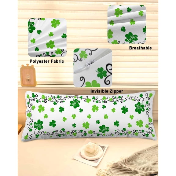 Shamrocks, Throw Pillow Covers, Saint Patricks Day Green Green White Soft Breathable Pillow Cases with Invisible Zipper for Sleeping, Long Body Pillowcases for Couch Bed Sofa Chair 20x60 Inches