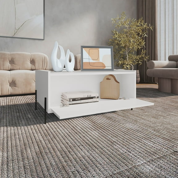 TUHOME Shan 15" High Minimalistic Coffee Table with Pull-Down Cabinet Door and Open Shelf