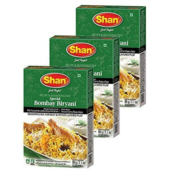 Shan Bombay Biryani Recipe And Seasoning Mix 2.11 Oz (60G) - Spice Powder For Meat And Potato Layered Pilaf - Suitable For Vegetarians - Airtight Bag In A Box (Pack Of 3)