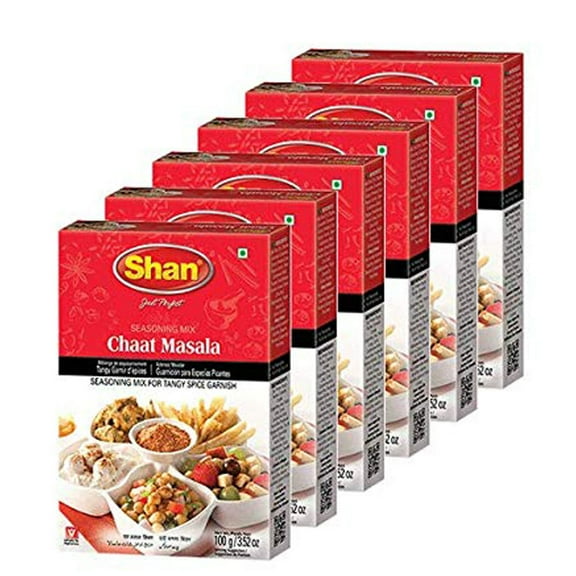 Shan Chaat Masala Seasoning Mix 3.52 oz (100g) - Spice Powder for Tangy and Spicy Garnish on Savory Snacks - Suitable for Vegetarians - Airtight Bag in a Box (Pack of 6)