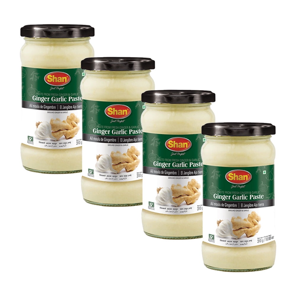 Shan Ginger Garlic Paste 10.93 oz (310g) - Traditional Taste Enhancing Cooking Paste from Fresh Ground Ginger and Garlic - Suitable for Vegetarians - Airtight Glass Jar (Pack of 4)