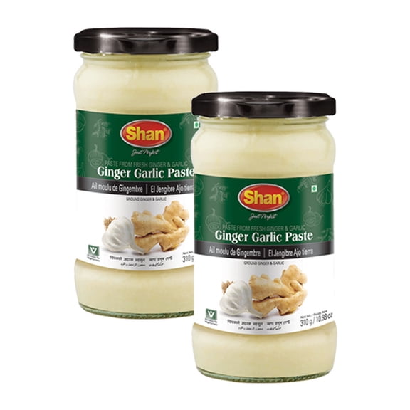 Shan Ginger Garlic Paste 10.93 oz (310g) - Traditional Taste Enhancing Cooking Paste from Fresh Ground Ginger and Garlic - Suitable for Vegetarians - Airtight Glass Jar (Pack of 2)