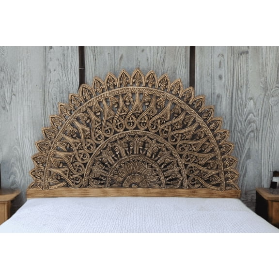 Shan Handicrafts Handcrafted Wooden Decorative Headboard Panel with Intricate Floral Mandala Carving, Premium Natural Finish, Elegant Wall Decor for Bedroom and Home Interior