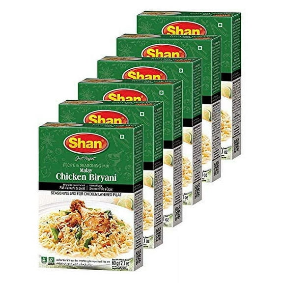 Shan Malay Chicken Biryani Recipe and Seasoning Mix 2.11 oz (60g) - Spice Powder for Chicken Layered Pilaf - Suitable for Vegetarians - Airtight Bag in a Box (Pack of 6)