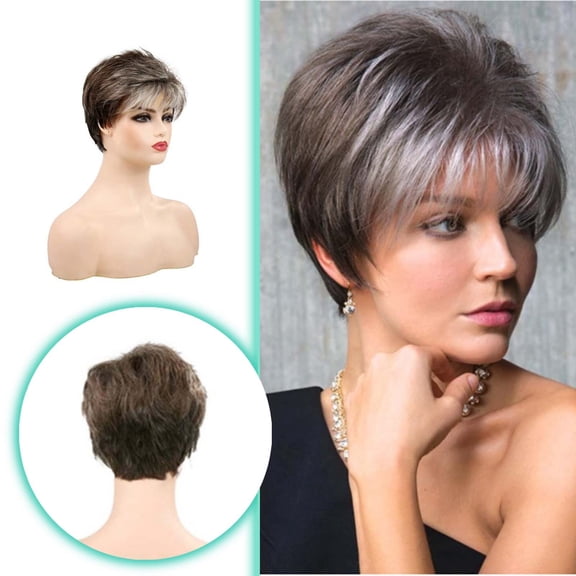 Shang Oumei Short Hair Wig for Women with Brown Gradient Color Headband Synthetic Hairpiece