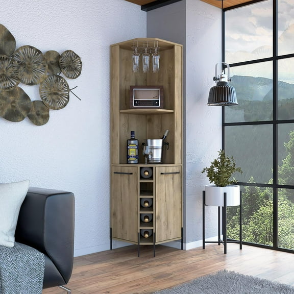 Hans Corner Bar Cabinet, Two Shelves, Five Built-in Wine Rack Macadamia