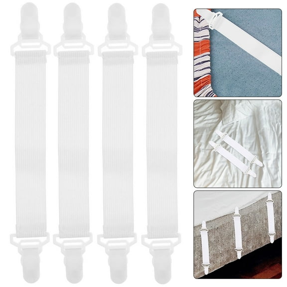Topbathy White Bed Sheet Garters with Elastic Straps and Plastic Clips for Hassle-Free Installation