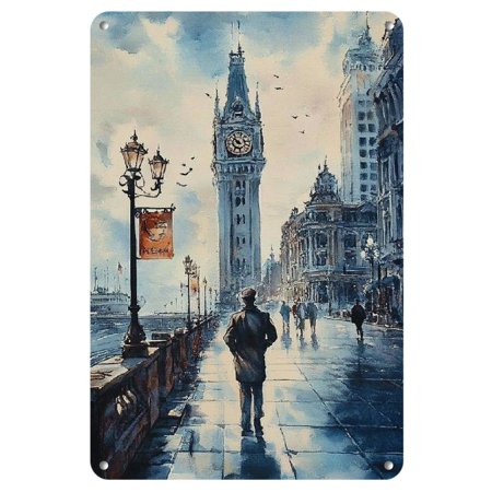 Shanghai Bund Cityscape Watercolor Iron Wall Art, 8x12 inches - Perfect Home Decor Gift, Chinese Wall Art, Plate Painting, Holiday, Decoration, Perfect for Room Decor