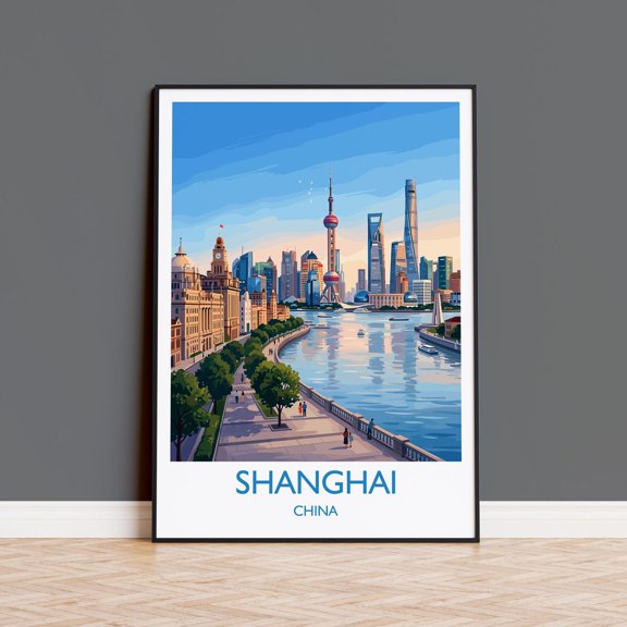 Shanghai China Travel Poster City Skyline Wall Art Shanghai Print Bund & Pudong Illustration Asia Vintage Style Decor