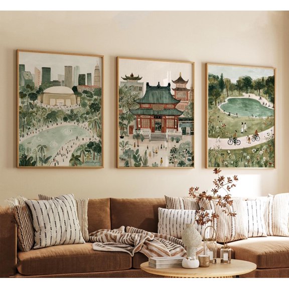 Shanghai China Vintage Travel Illustration Retro Cityscape Skyline Wall Art v2 Set 3 Stretched Canvas