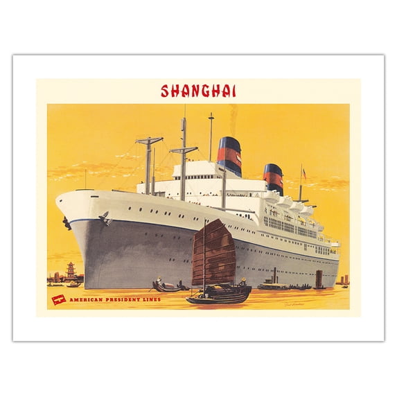 Shanghai Harbor - S.S. President Wilson - American President Lines - Vintage Ocean Liner Travel Poster by Fred Ludekens c.1949 - Bamboo Fine Art 290gsm Paper (Unframed) 17x22in