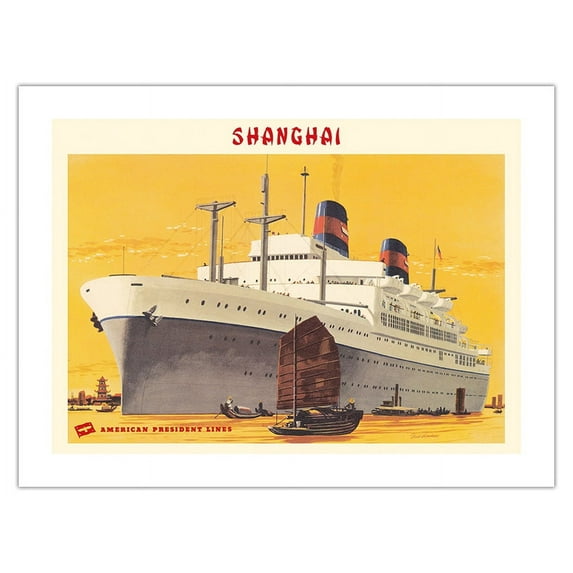 Shanghai Harbor - S.S. President Wilson - American President Lines - Vintage Ocean Liner Travel Poster by Fred Ludekens c.1949 - Fine Art Matte Paper Print (Unframed) 18x24in