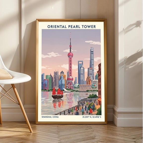 Shanghai Oriental Pearl Tower Art Print: Vintage Gouache Cityscape, Unframed Canvas Size 12x18