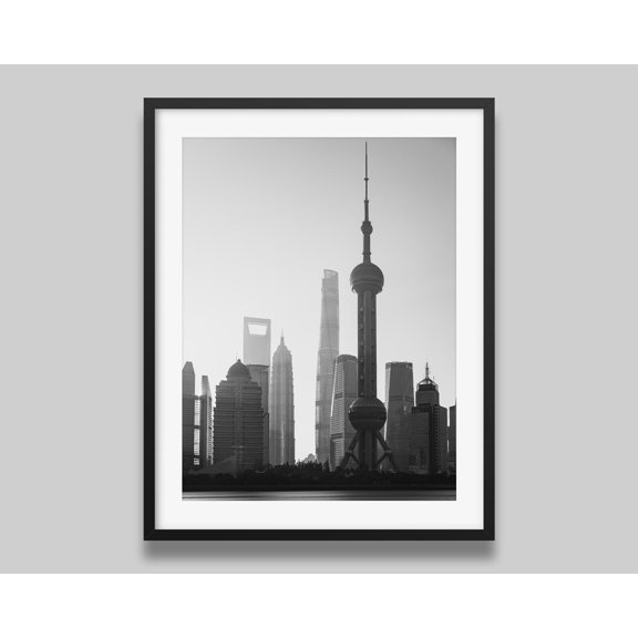 Shanghai Skyline Poster Black And White China Wall Art Modern Living Room Accent Wall Art Poster , Poster Print Only