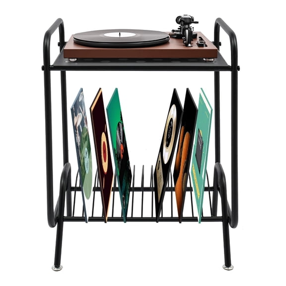 Shangmakel 2-Tier Rolling Cart with 16 Record Storage Slots, Black Steel Record Player Rack, Ventilated Shelf