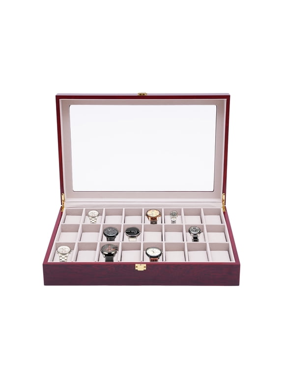 24-Slot Watch Box Watch Case with Glass Lid for Rings Bracelets