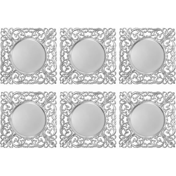 Shangmakel 6 Pcs Square Acrylic Charger Plates,12 Inch Mirror Charger for Dinner Plates,Plastic Plate Chargers Bulk with Embossed Rims for Dinner Wedding Table SettingSilver