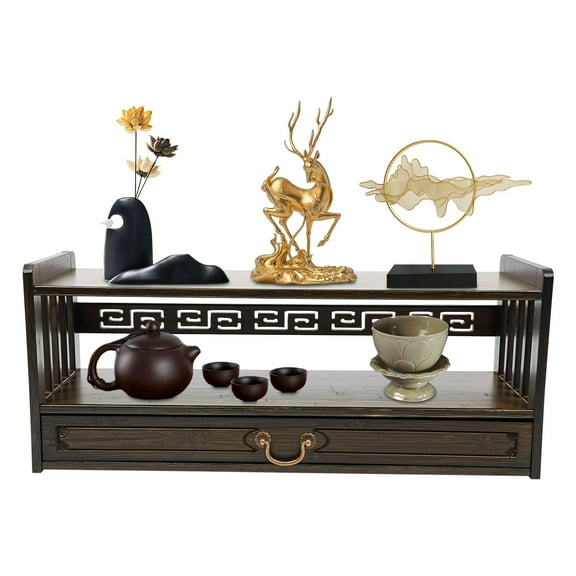 Shangmakel Bamboo Meditation Storage Table Chinese Style Altar Table Desktop Organizer with Drawer Walnut Color