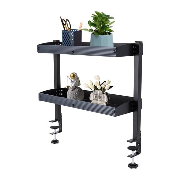 Shangmakel Clamp On Desk Shelf,2-Tier Adjustable Storage Organizer with Tray for Laptop, Office Supplies and Decor 22lbs Capacity per Shelf Black