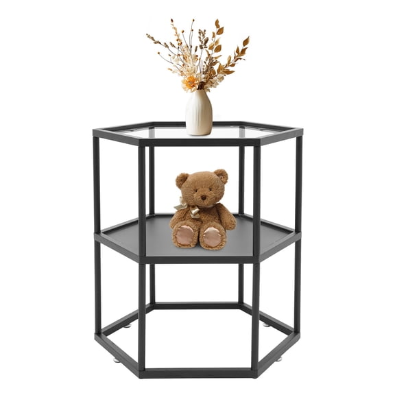 Shangmakel Side Table with 2-Tier Storage Shelf, Hexagon Glass Black End Table with Metal Frames for Living Room Balcony