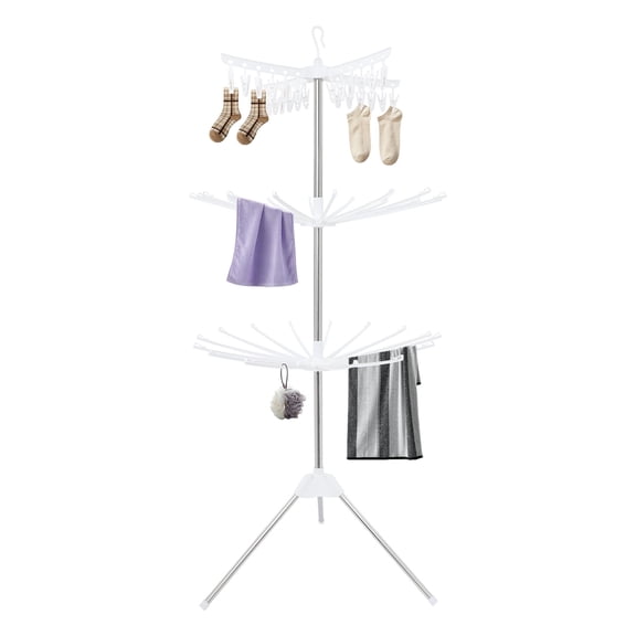 Shangmakel White 3 Tier, Foldable Clothes Drying Rack, Clothes Drying Rack, 24 Clips, 360 Degree Rotating, for Indoor Outdoor