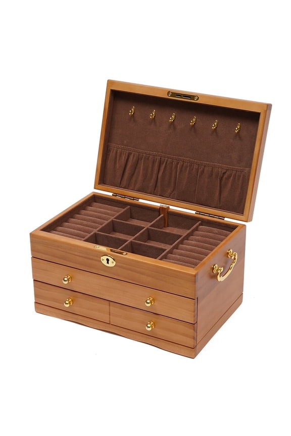 Wooden Jewelry Box 3 Layers Retro Storage Organizer Display Case W/ Safe Lock