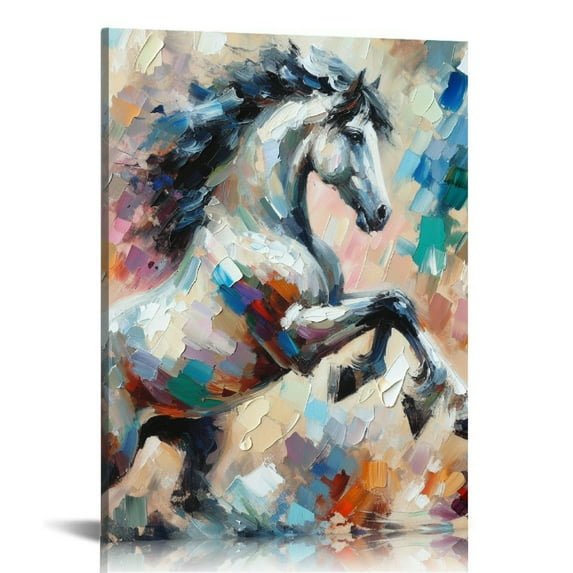 Shangniulu Abstract Hand Painted Running Horse Oil Painting Vertical Wall Art on Canvas Decorative Paintings Wood Inside Framed Ready to Hang