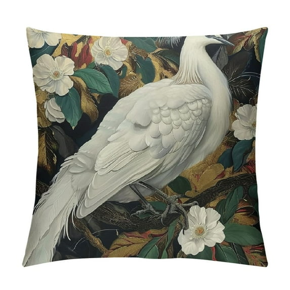 Shangniulu Beautiful flowers art hand-painted animals white peacock short plush pillowcase sofa pillowcase car square pillowcase home decoration 18x18 inches