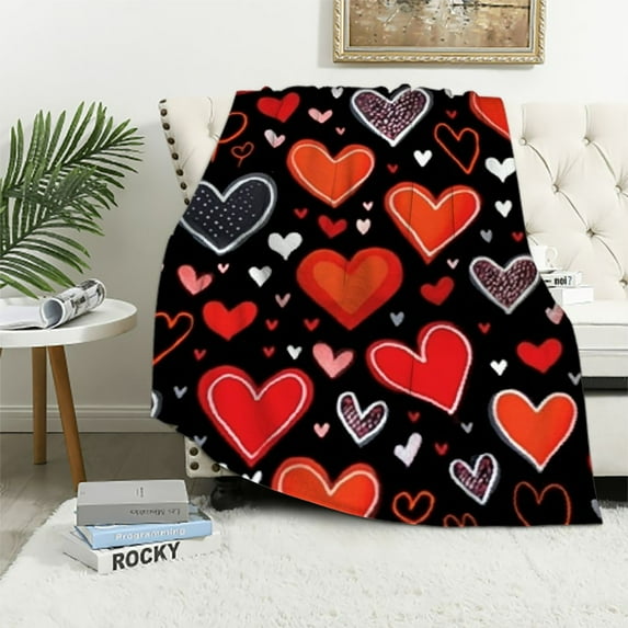 Shangniulu Black Happy Valentines Day Decorative Throw Blanket King Size Wedding Blanket Cute Red Love Heart Throw Blanket for Couch Bed Soft Lightweight Fuzzy Fleece Blankets