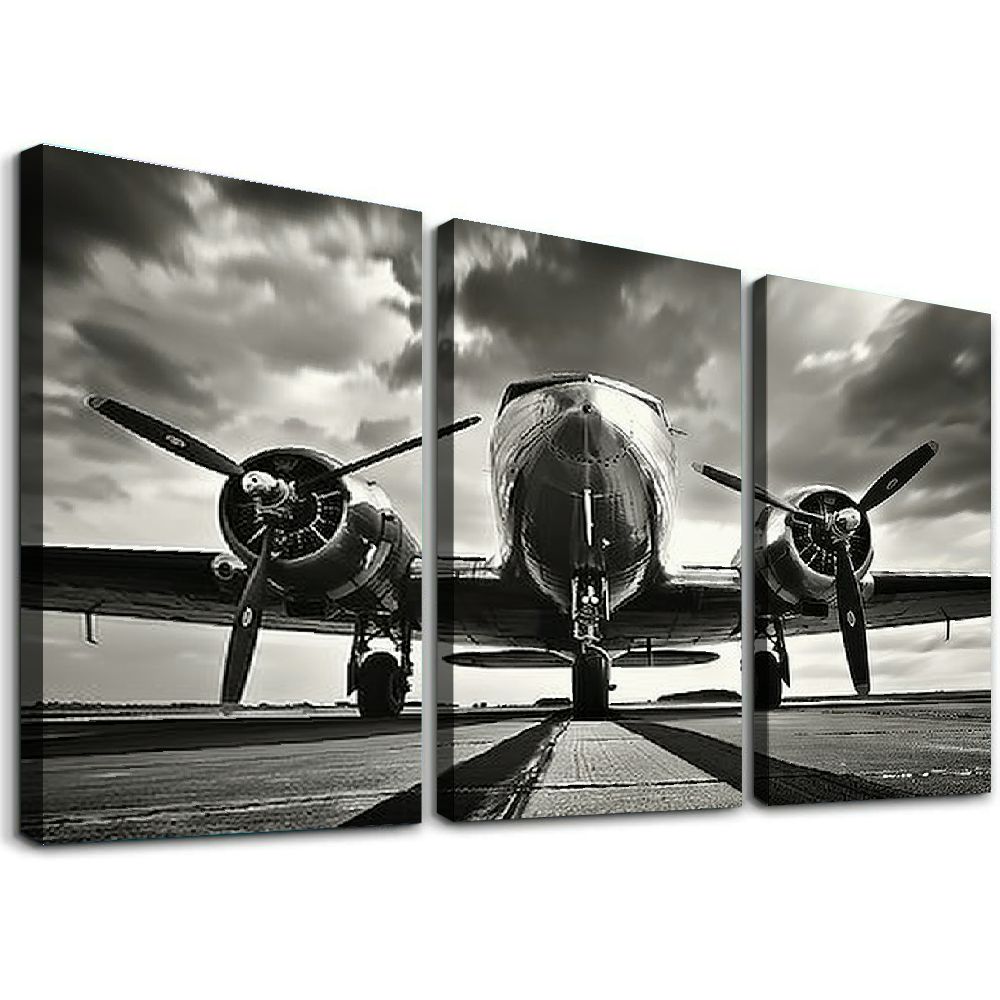Arte Murale Bianco E Nero – Quadro Su Tela Con Aereo Da Caccia Su Pista – 61x101,6 Cm – Pronto Da Appendere, Regalo Home Decor